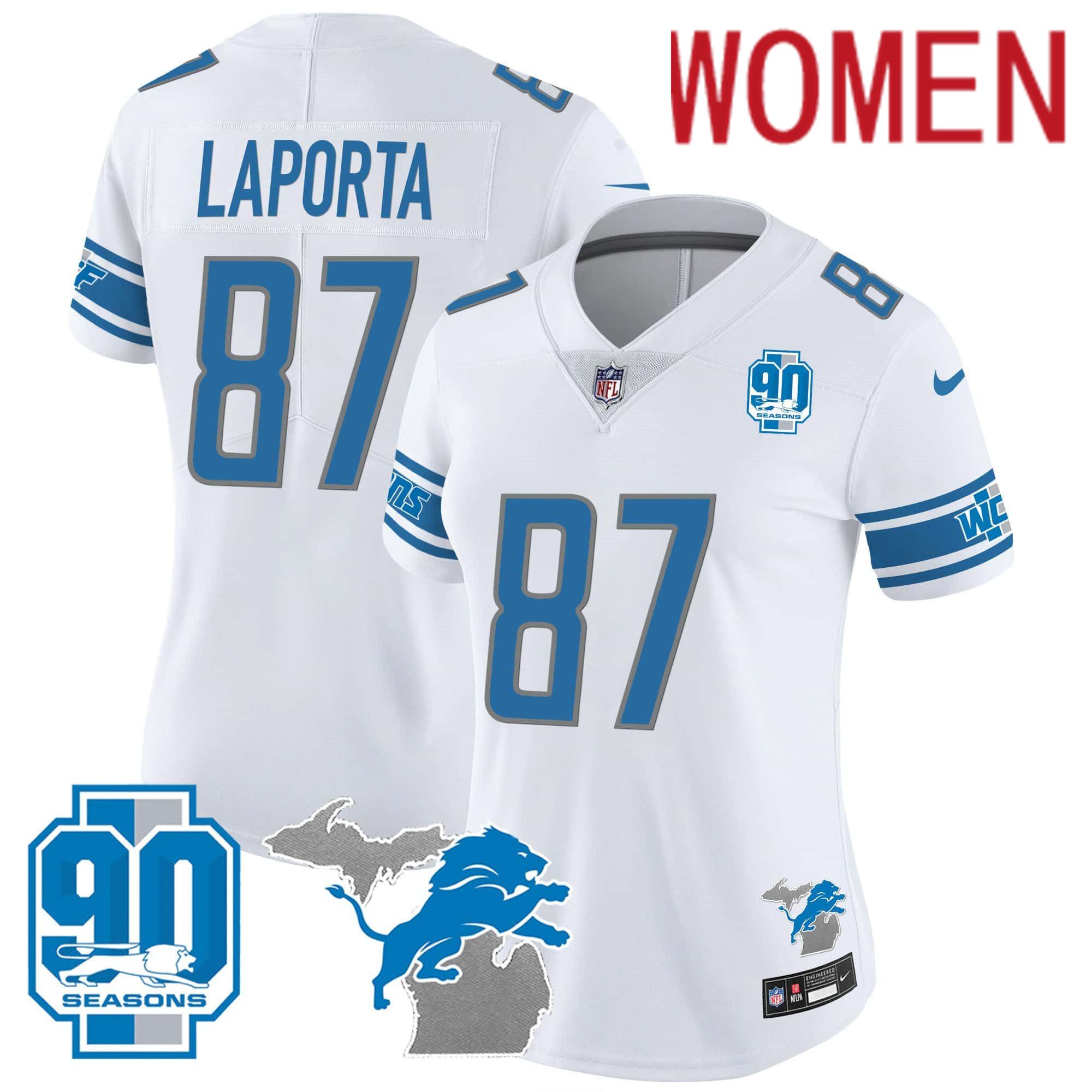 Women Detroit Lions #87 Laporta White 2024 Nike 90th Year Michigan Patch Vapor NFL Jersey->customized nfl jersey->Custom Jersey